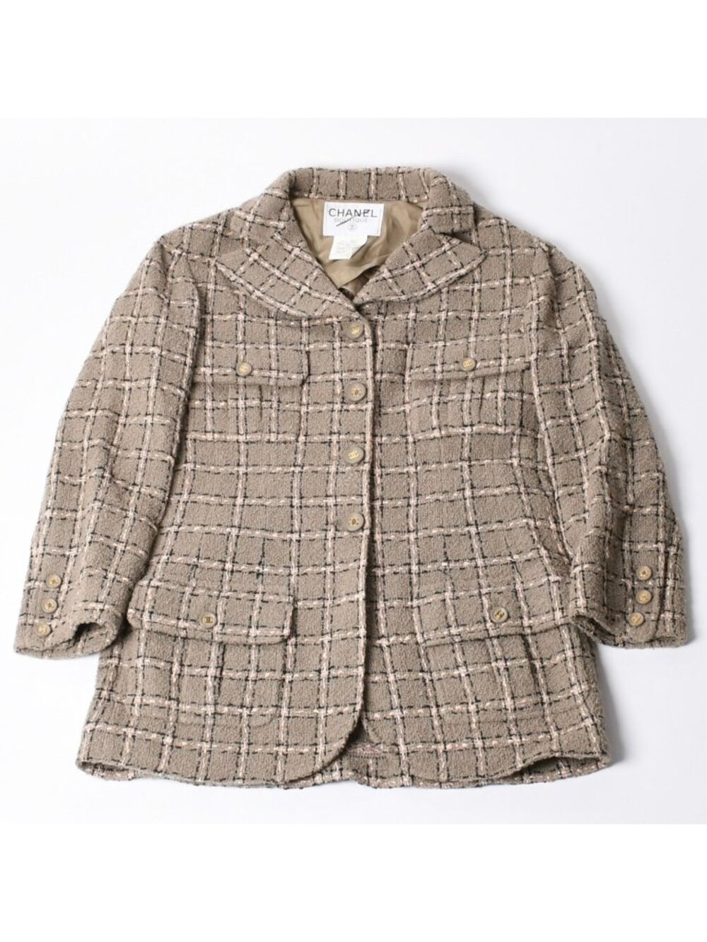 Chanel Tweed Tailored Jacket CC Logo Wool Khaki Pink Black